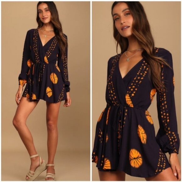 Lulus Adventuresome Dark Purple & Orange Tie-Dye Long Sleeve Romper Size XS - Picture 13 of 14